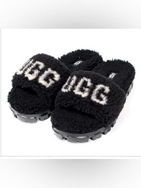 UGG Cozette Black Shearling Logo Slide Slippers Size 9